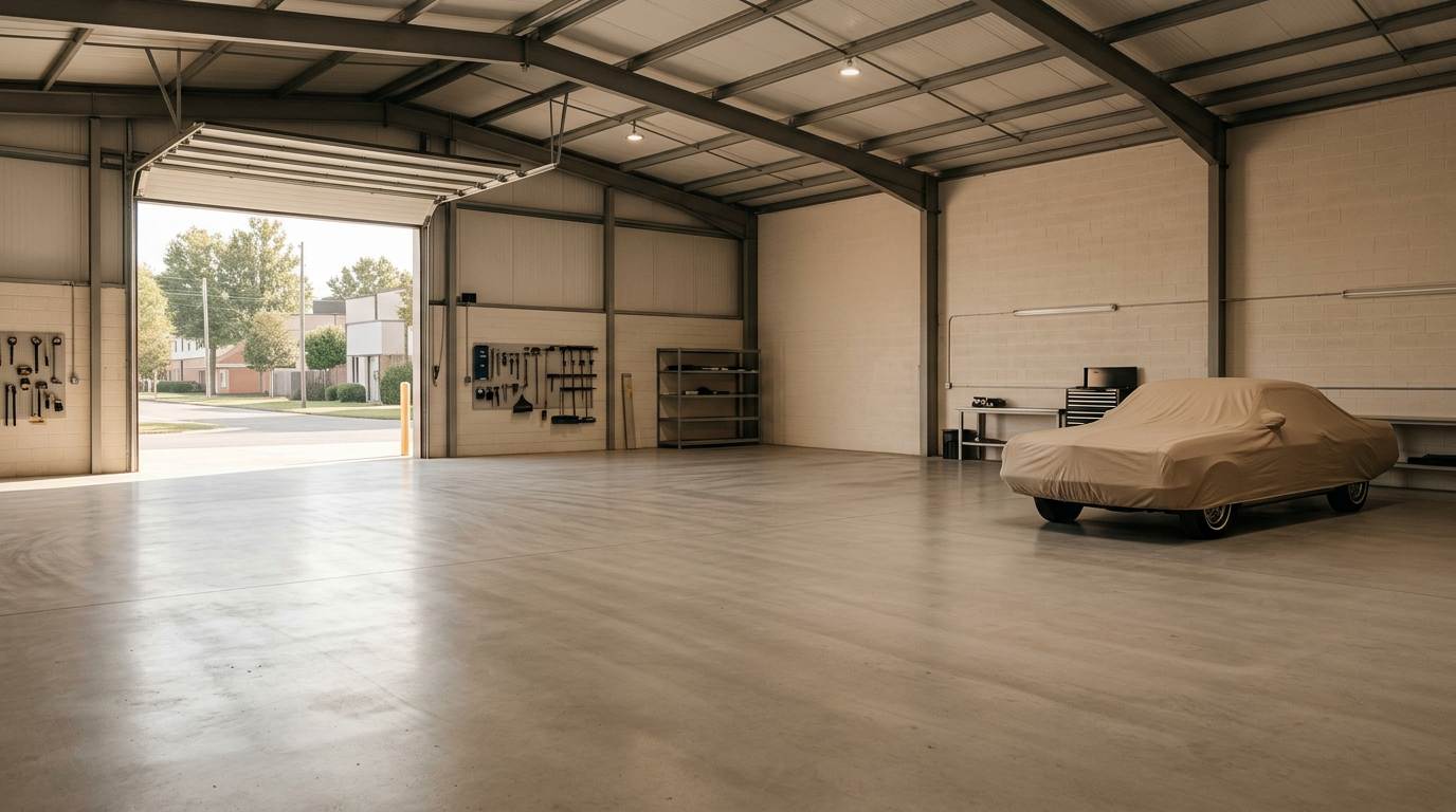 Family-owned auto body workshop interior with body hammer and dolly on a workbench and a classic car under restoration near an open bay door