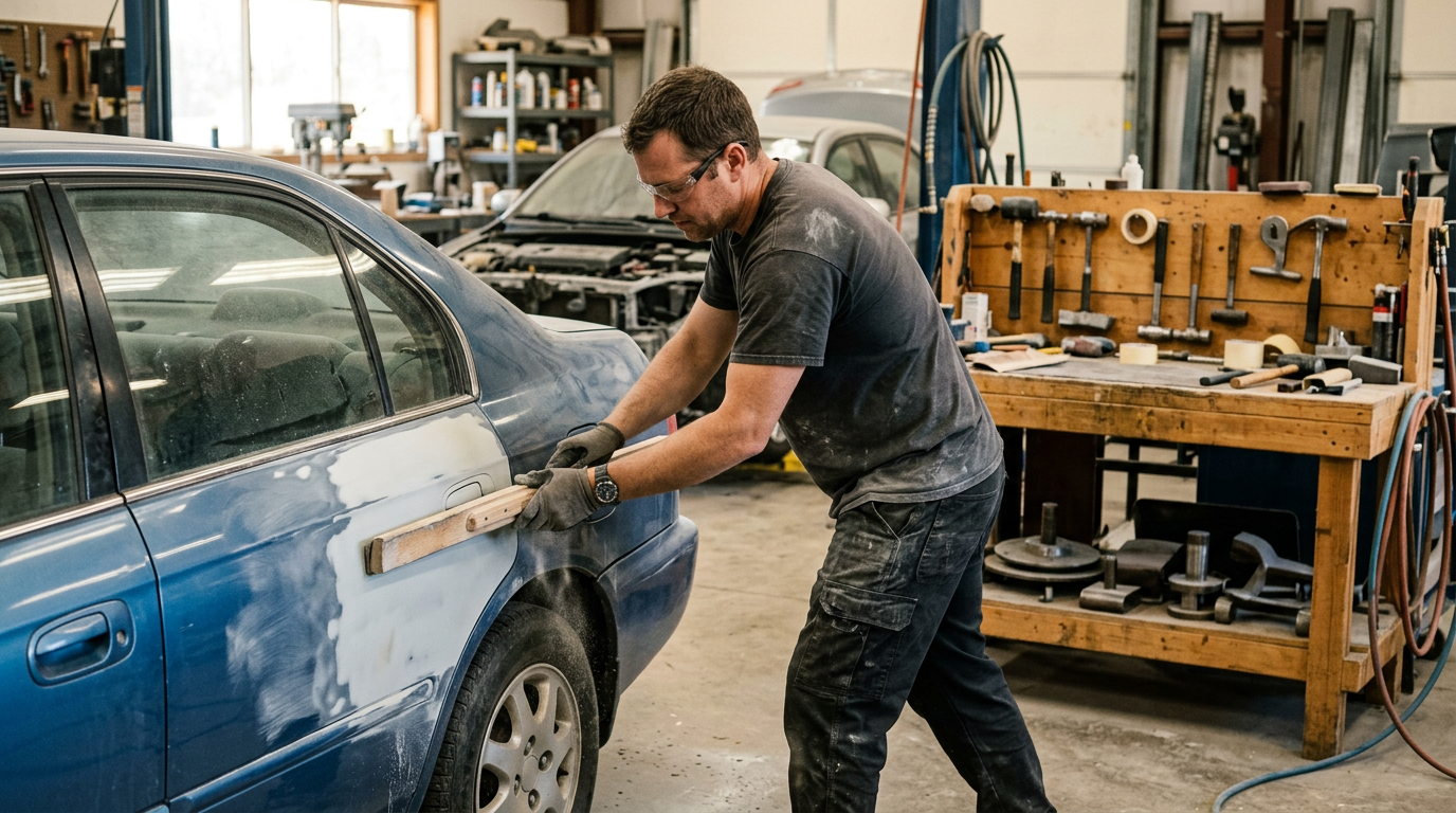 Body technician block-sanding filler smooth on a blue car door panel at a workbench full of body hammers and dollies