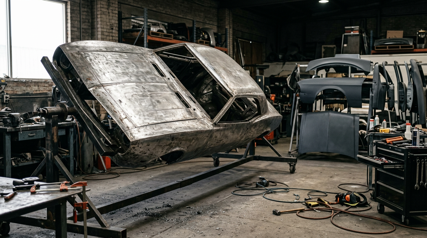 Car body stripped to bare metal mounted on a rotisserie stand during full vehicle restoration, with primered panels nearby