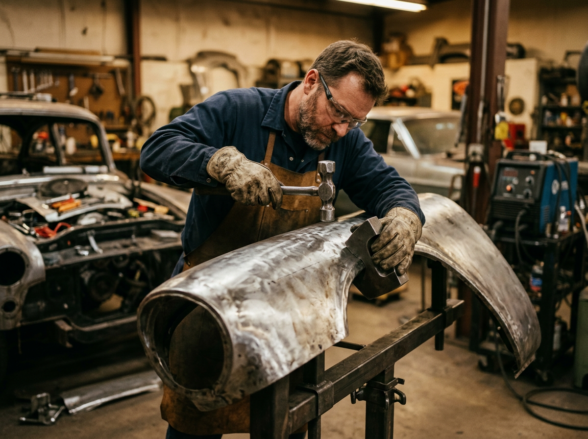 Body hammer and dolly shaping a bare-metal fender during vintage classic car restoration bodywork