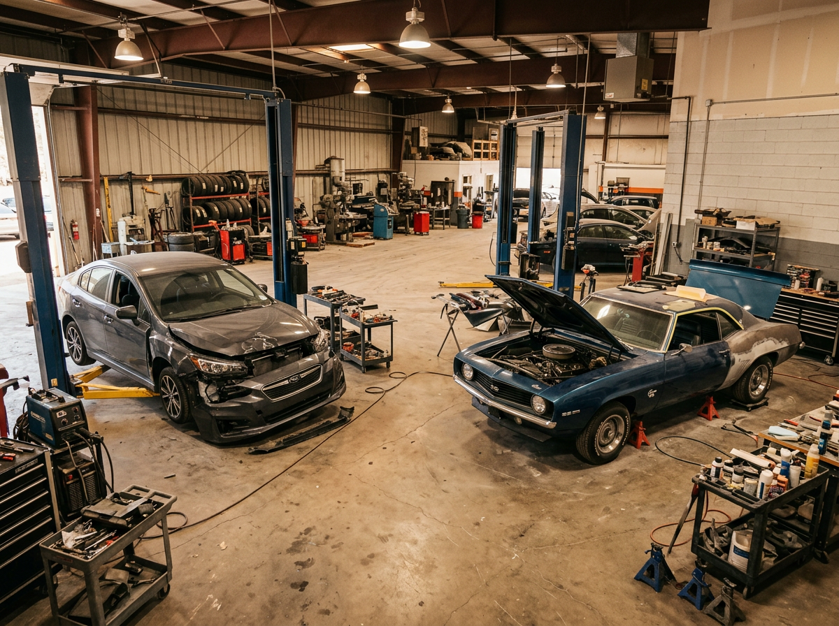 Spacious auto body shop interior with a damaged modern sedan on one side and a vintage classic car under restoration on the other
