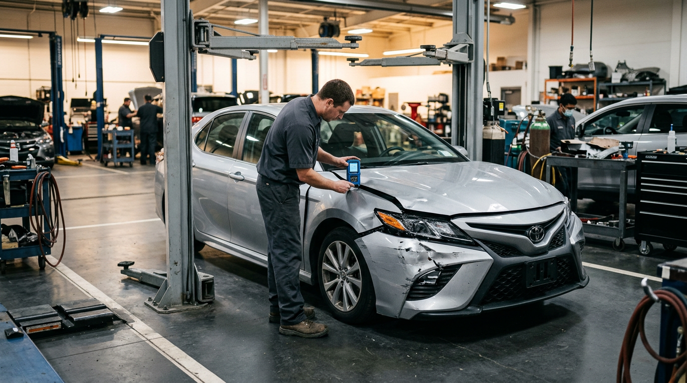 Auto body technician measuring panel gaps on a silver sedan with front-end collision damage inside a repair bay