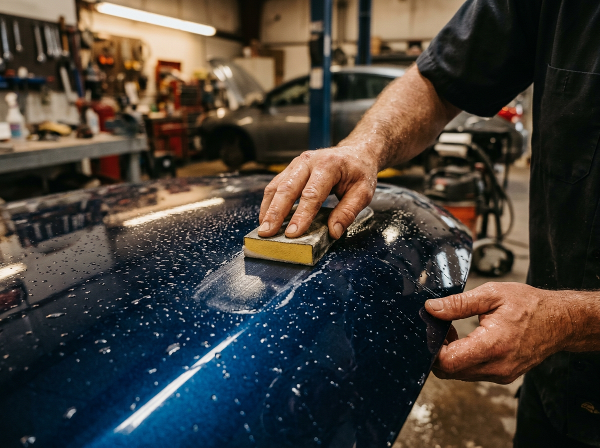 Craftsman's hands wet-sanding a glossy repainted deep blue car panel with a sanding block in a Gordonsville auto body shop