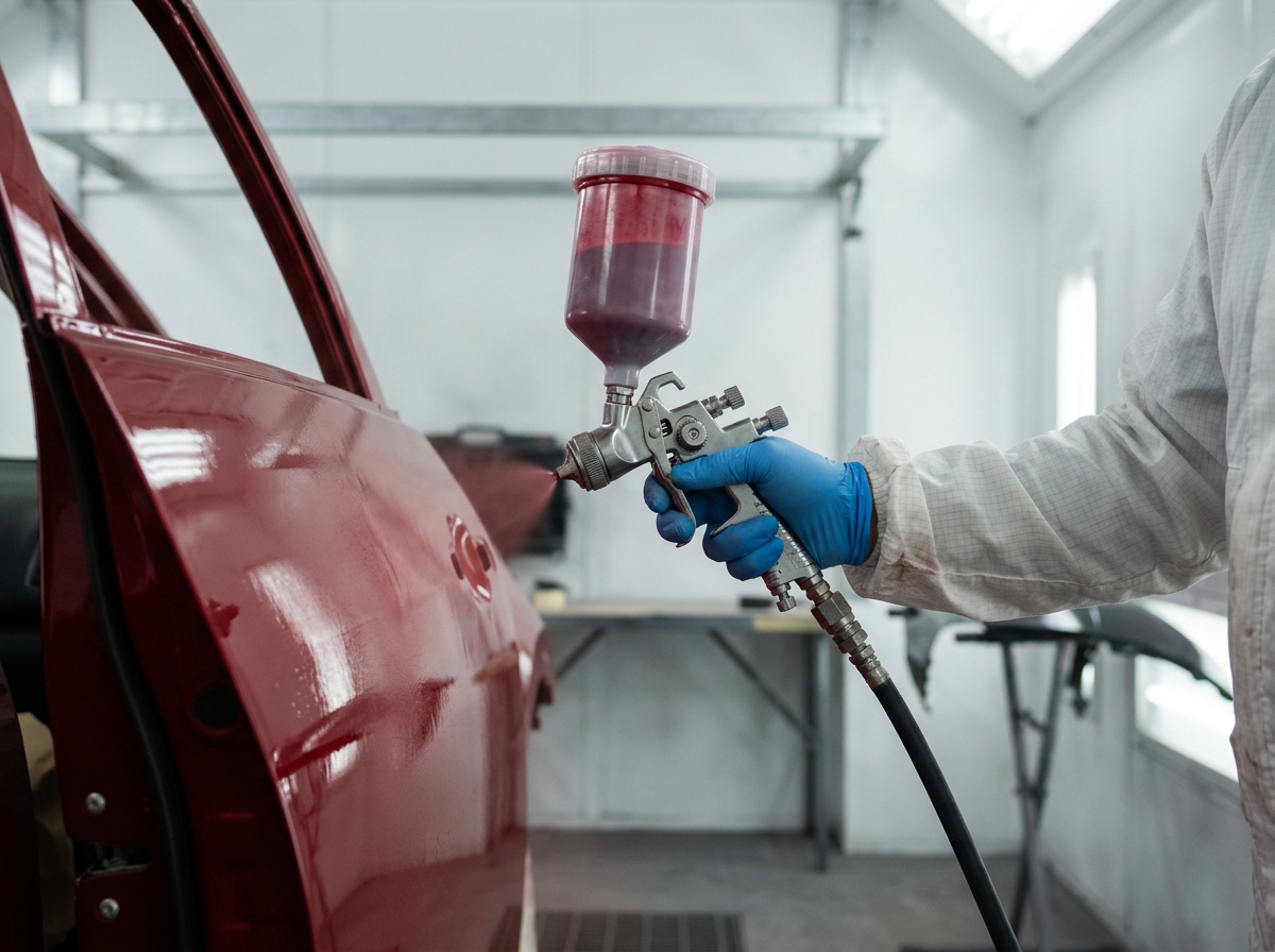 HVLP spray gun applying color-matched base coat to a car door inside an auto paint booth