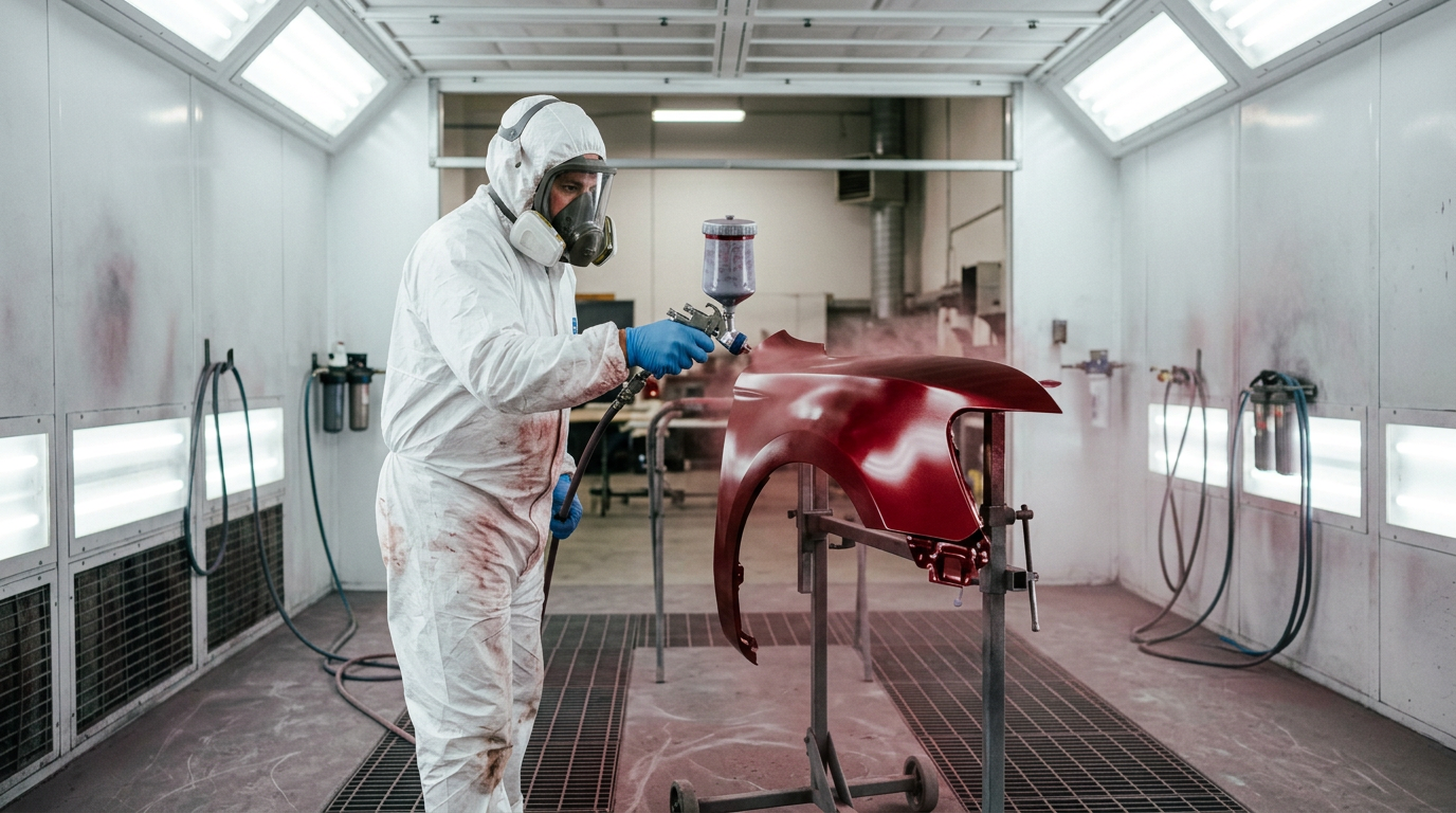 Painter in a white protective suit and respirator spraying deep red base coat onto a car fender inside a lit spray booth