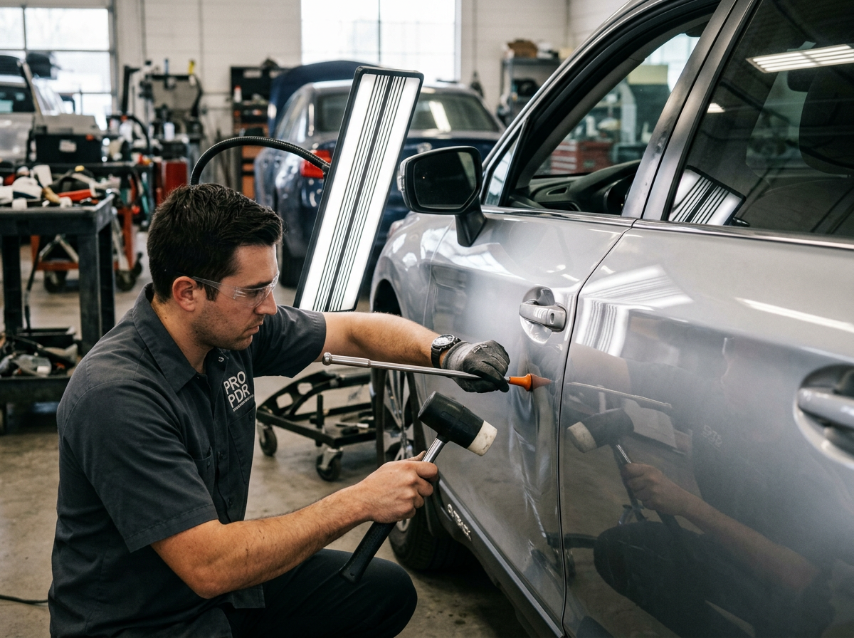 Auto body technician tapping out a dent in a silver car door with a body hammer and dolly in a Gordonsville repair shop