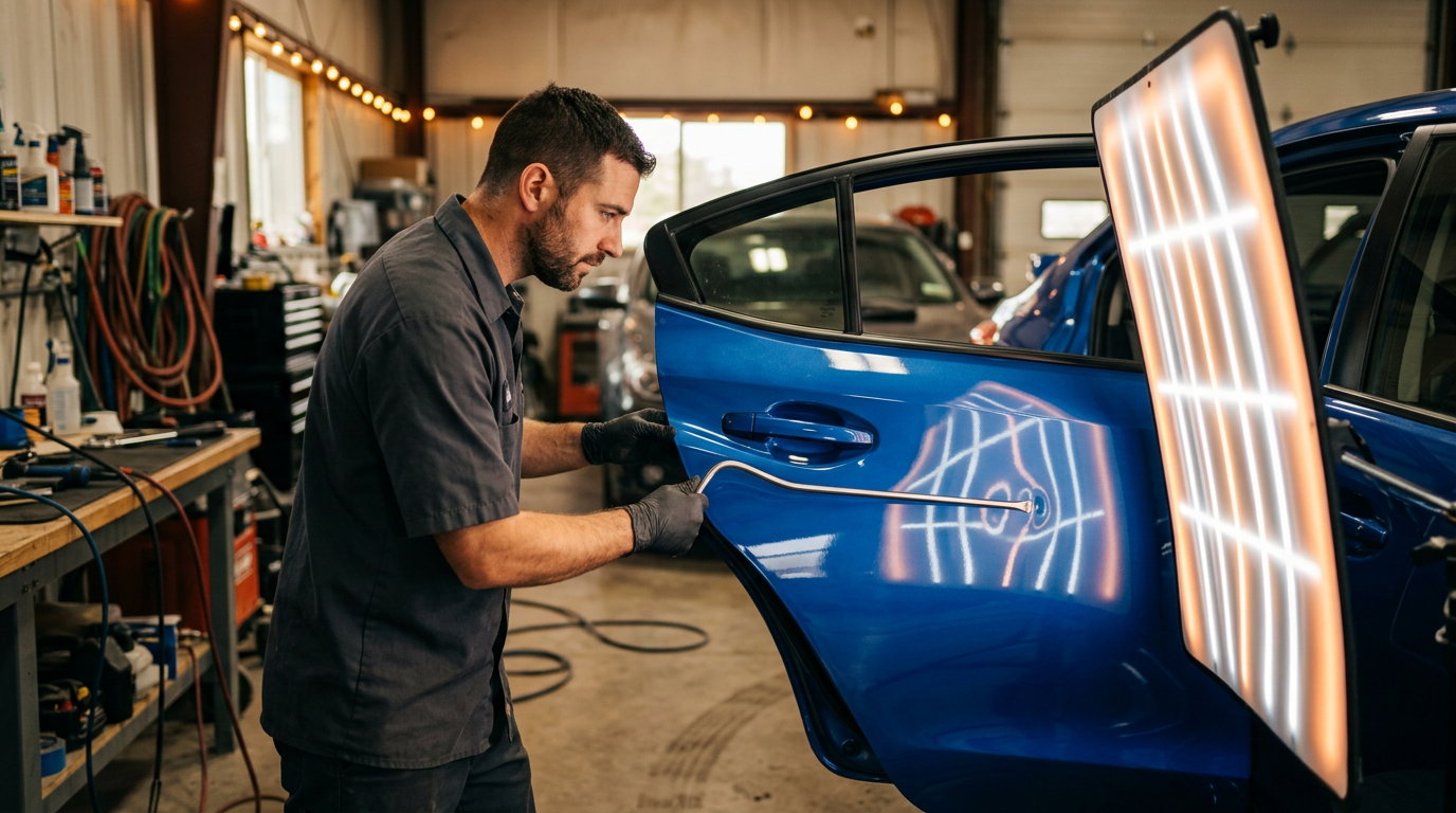 Paintless dent repair technician working a stainless rod behind a blue door panel while an LED reflector board maps the dent