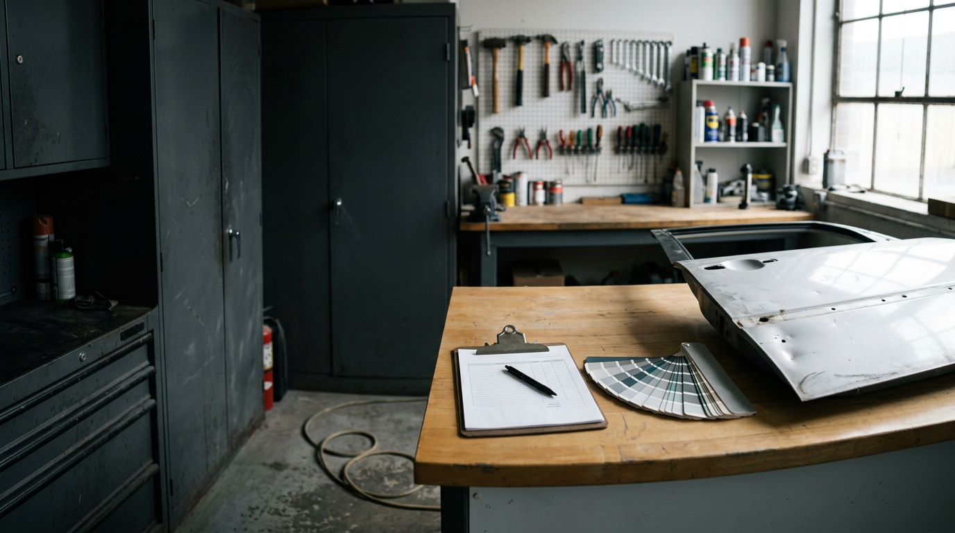Auto body shop estimate counter with a blank repair estimate clipboard and paint color match fan deck beside a car door panel