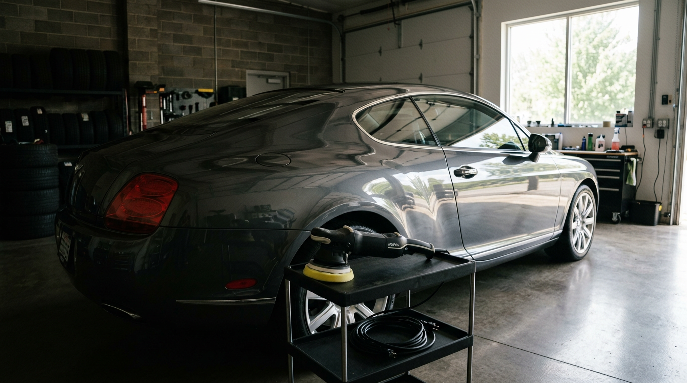 Detailing bay showing a polished repaired car quarter panel with mirror-like paint finish next to a dual-action polisher