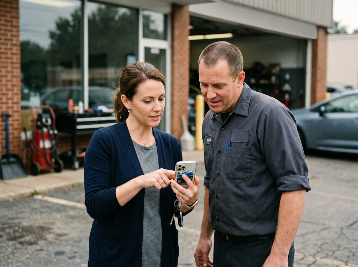Customer showing phone photos of vehicle damage to an auto body technician outside a Gordonsville repair shop