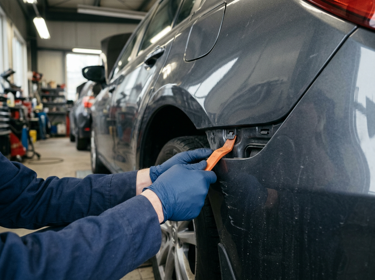 Gloved hands using a plastic trim removal tool to detach a bumper cover on a grey car during minor collision repair