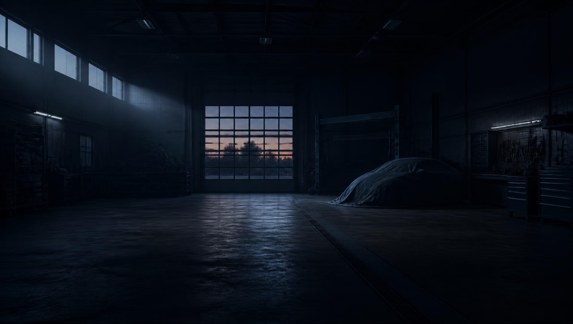 Dark auto body repair shop interior at dusk with soft light beams across a polished concrete floor