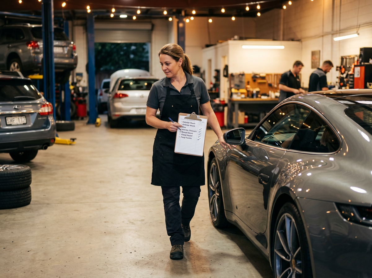 Auto body shop owner walking around a finished car with a clipboard checklist for a final quality inspection