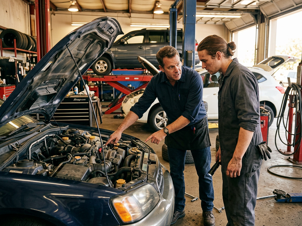 Auto body shop owner pointing out repair details on a vehicle while speaking with a technician inside the workshop