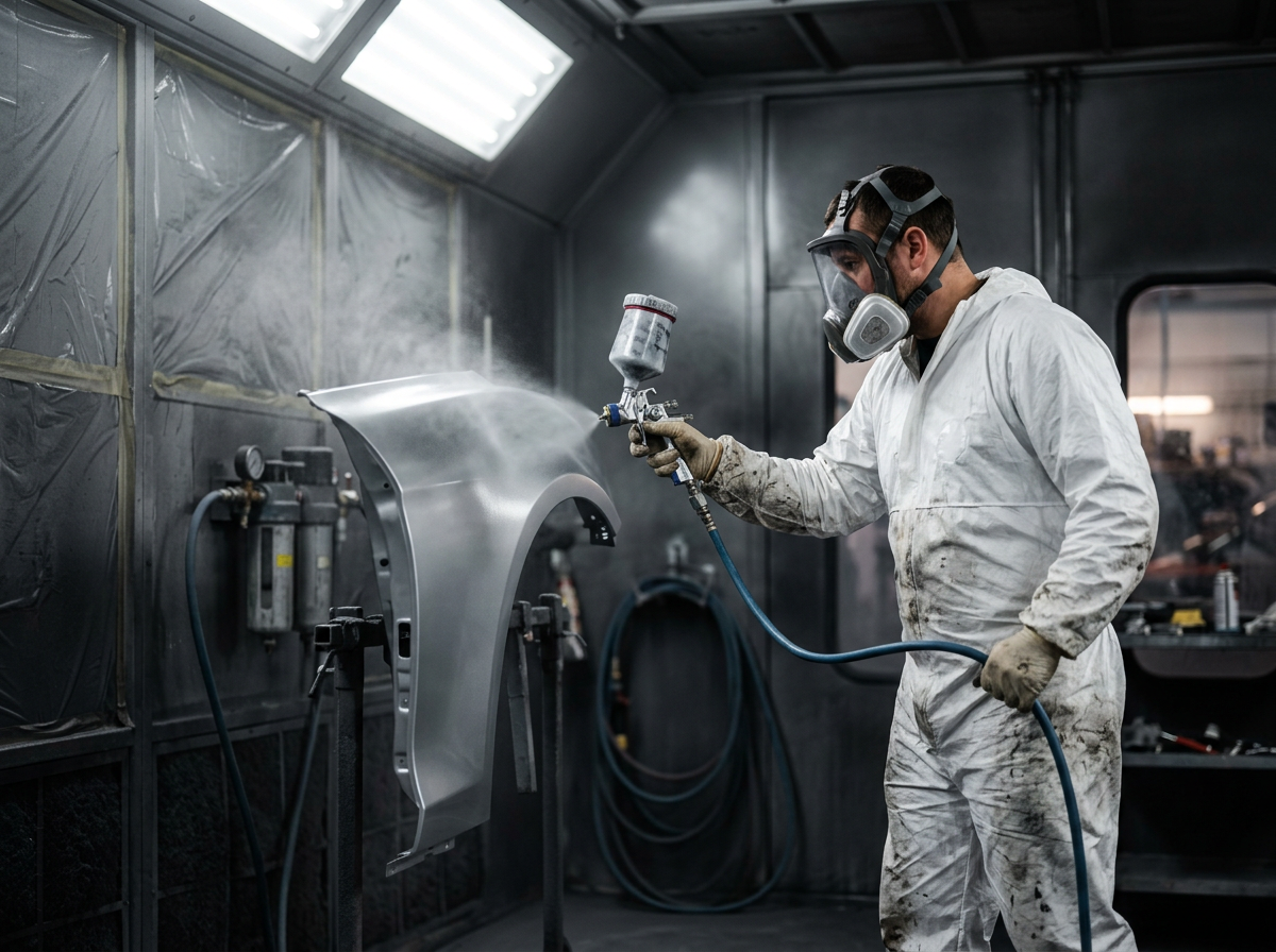 Technician in a respirator spray-painting a car fender with an HVLP gun inside a lit paint booth