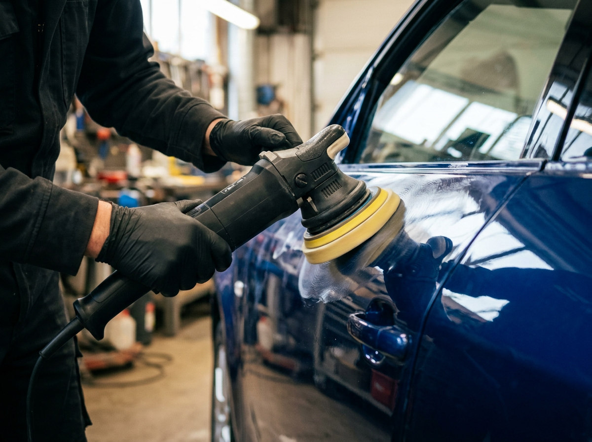Dual-action polisher with foam pad buffing a glossy blue car door after auto paint repair in Gordonsville VA