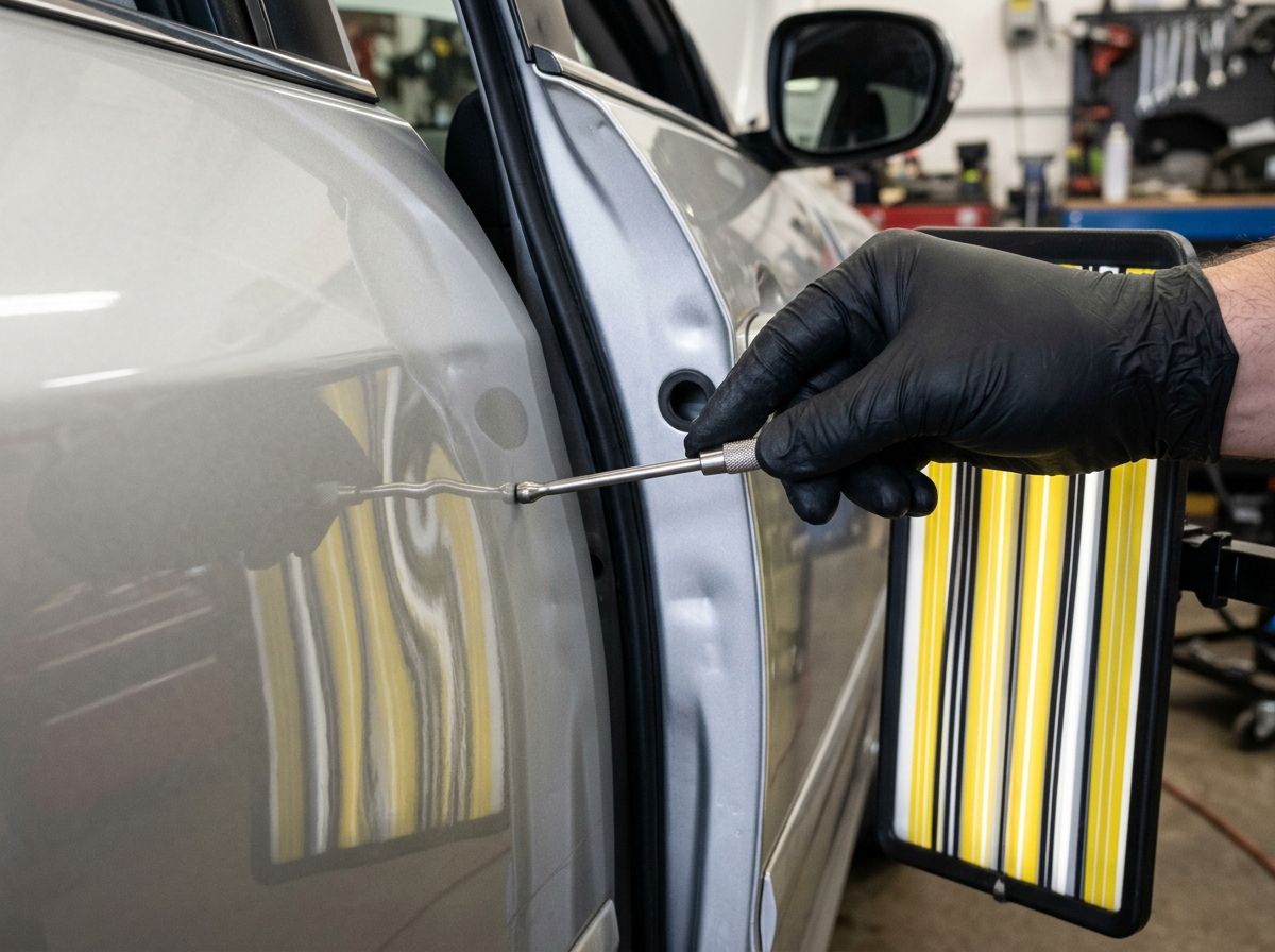 Technician using a paintless dent repair rod behind a car door panel in a Gordonsville body shop