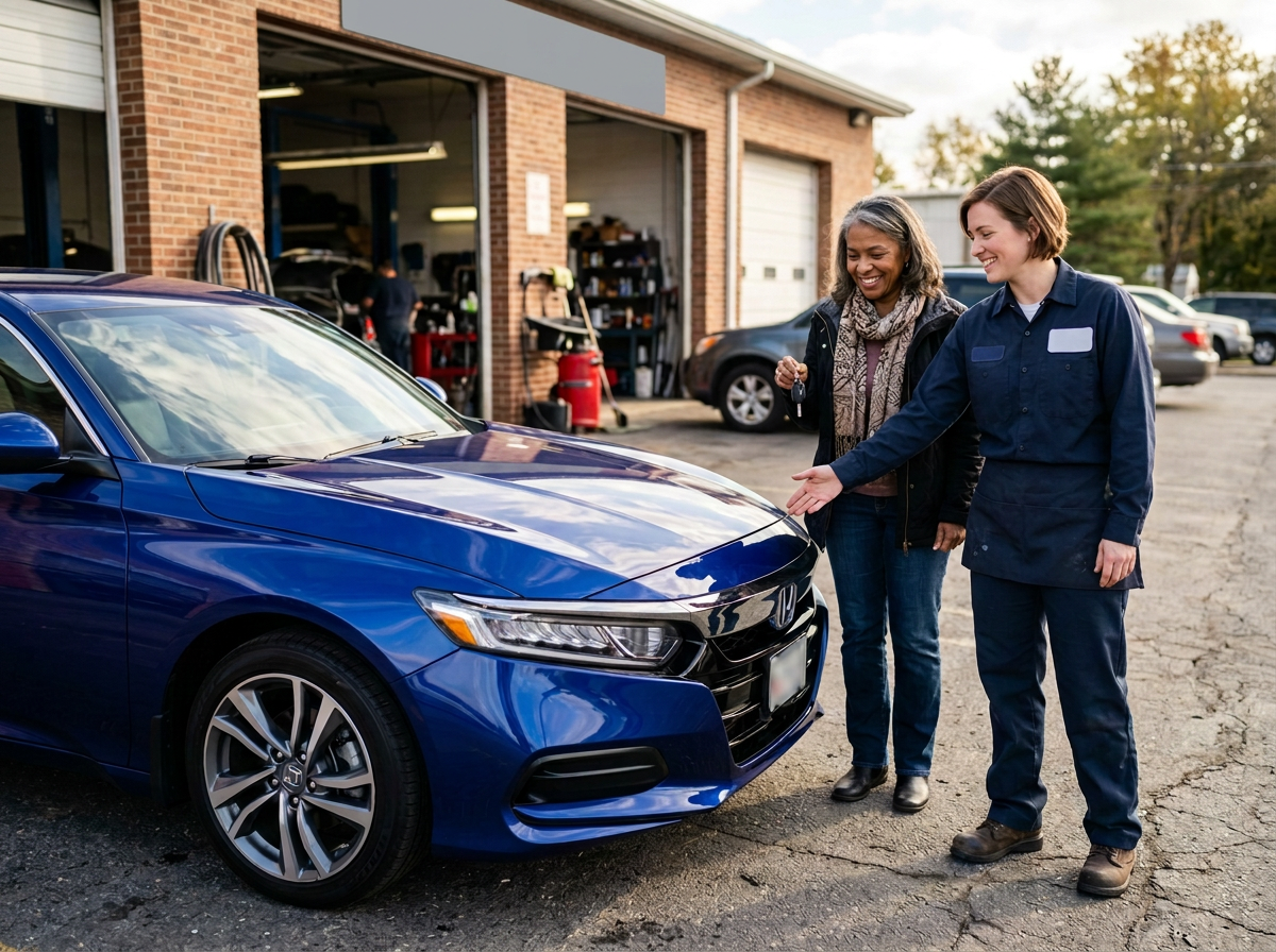 Technician showing a customer the glossy finished paintwork on a repaired blue sedan outside an auto body shop