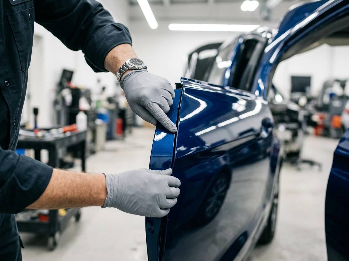 Technician's gloved hands checking the panel gap and seam alignment on a freshly painted glossy blue car door