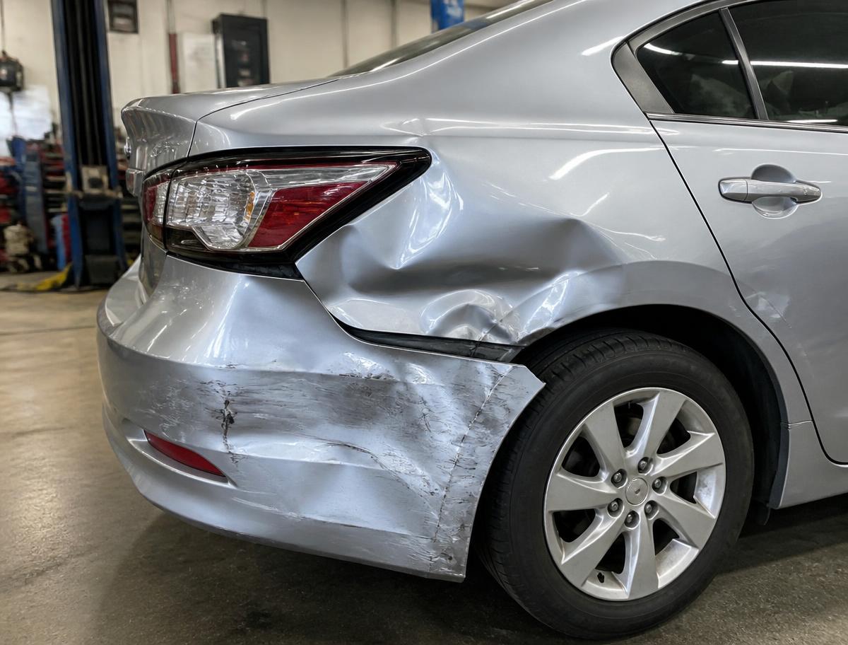 Silver sedan rear quarter panel with a deep crease, dent and scraped paint before collision repair in Gordonsville VA
