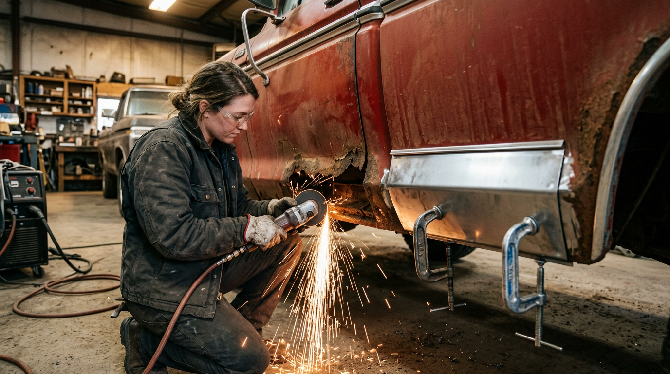 Technician cutting out a rusted rocker panel on a red pickup truck with a cut-off tool while a bright replacement patch panel is clamped in place