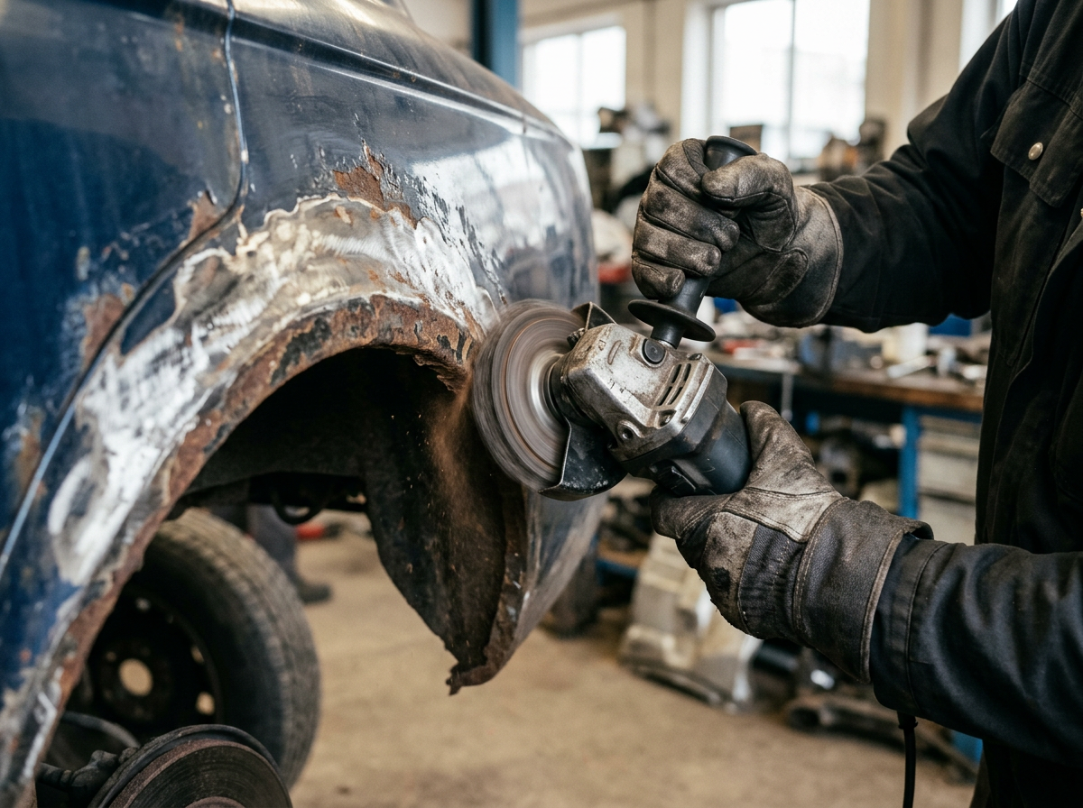 Angle grinder with wire cup wheel removing surface rust from a car rear wheel arch during rust repair