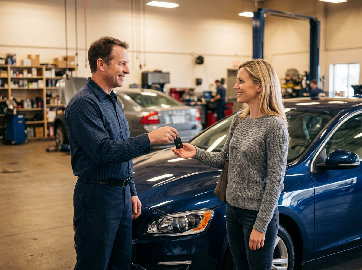 Auto body technician handing car keys back to a customer beside a freshly repaired glossy blue sedan in a Gordonsville repair shop