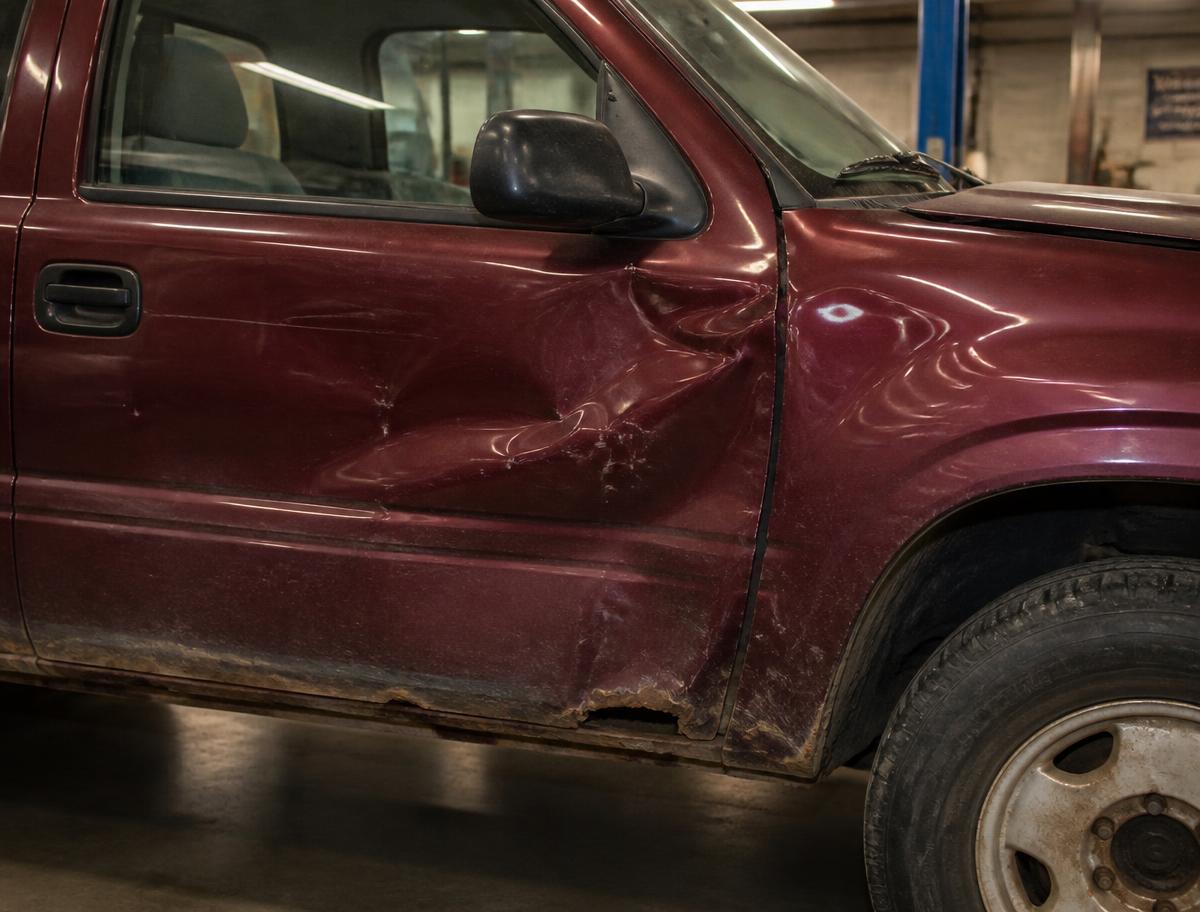 Dark red pickup truck door and fender with dents, rust and faded scratched paint before auto body restoration