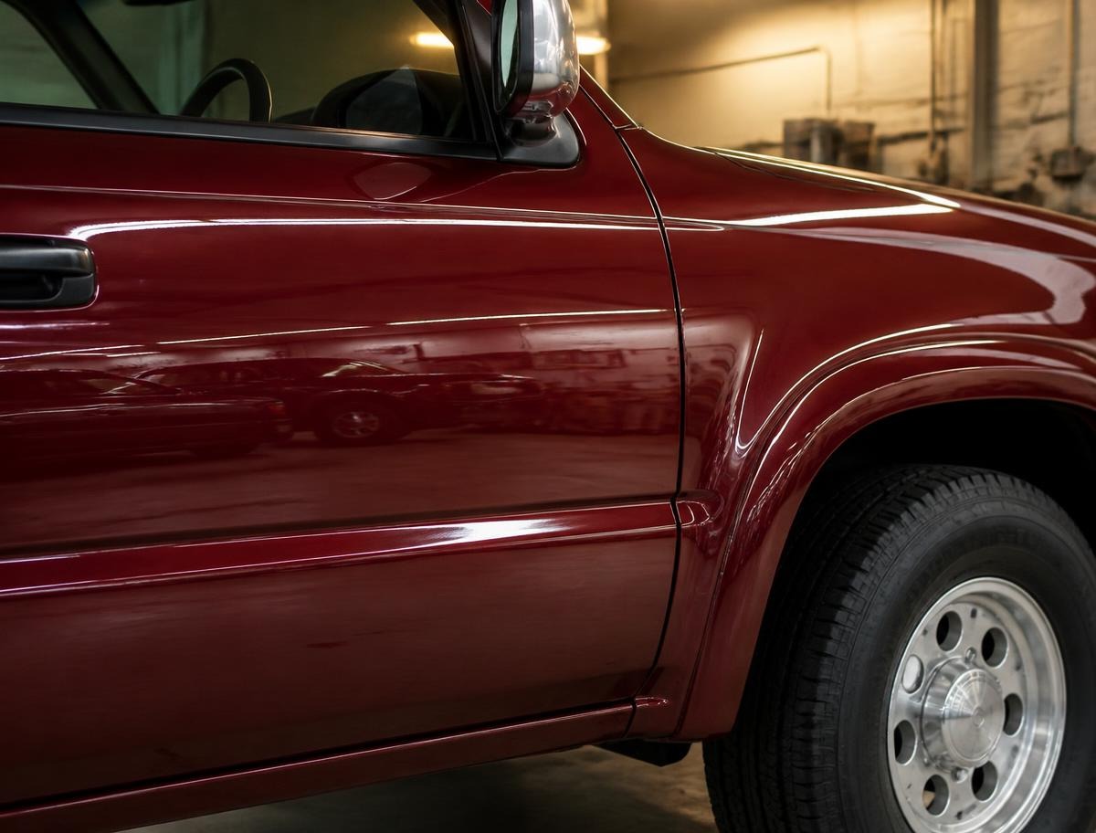 Same dark red pickup truck door and fender after bodywork and repaint with deep glossy reflective paint