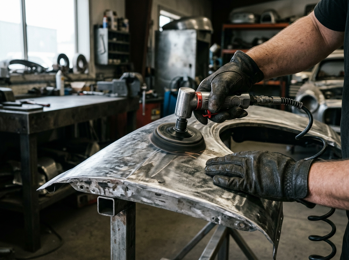 Air die grinder stripping an auto body fender down to bare metal during vehicle restoration in a Gordonsville shop