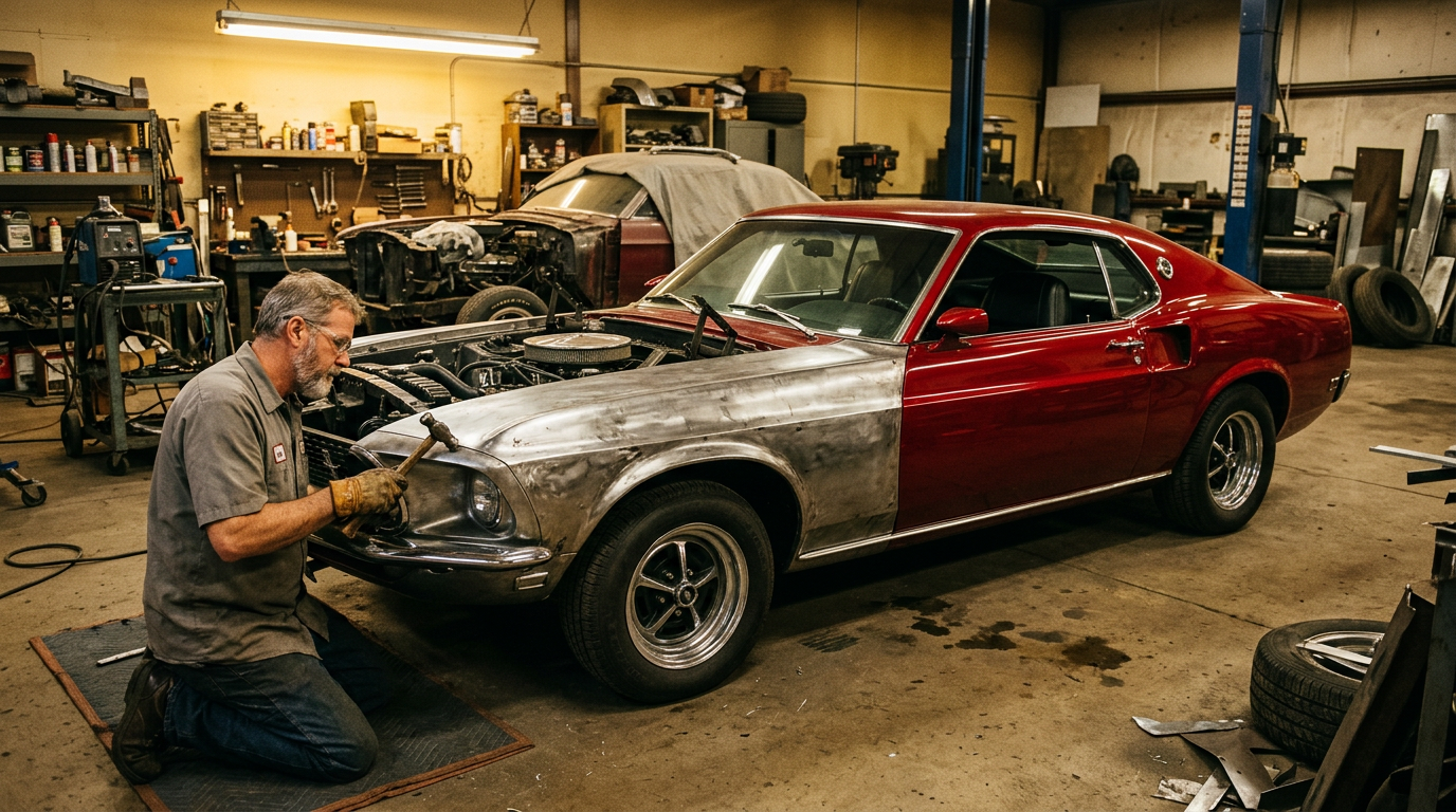 Craftsman shaping a fender with hammer and dolly on a 1960s muscle car that is half glossy red paint and half bare metal